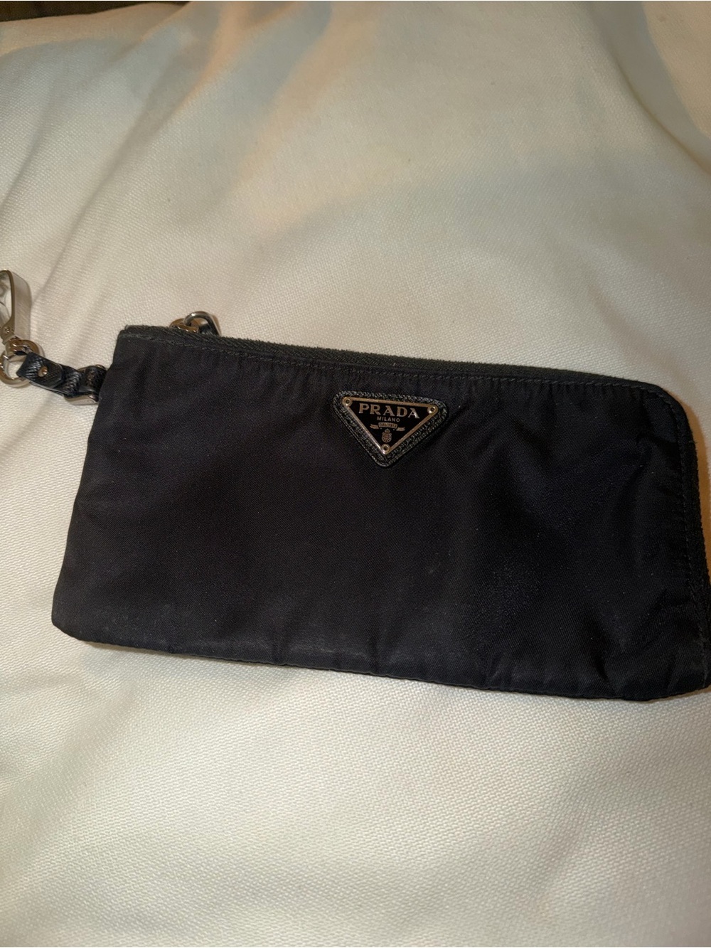 Prada Black Nylon Zip Wristlet with Logo Triangle